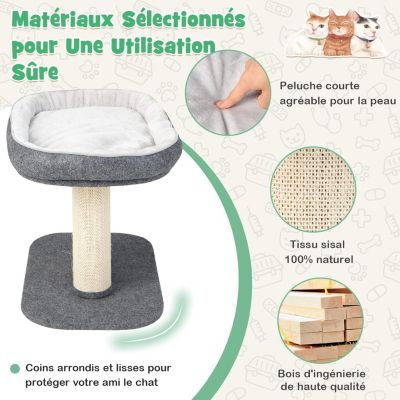 Arbre à Chat 50 CM en Bois Recouvert Peluche Poteaux en Sisal Nid Confortable Boule Suspendue Gris
