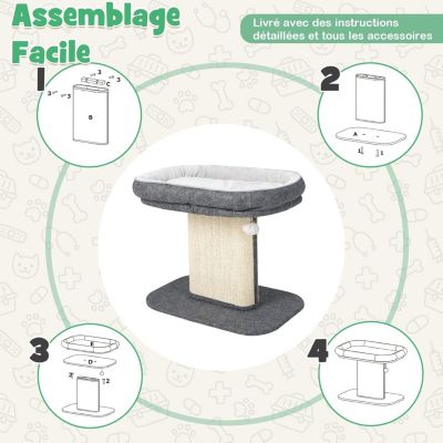 Arbre à Chat 50 CM en Bois Recouvert Peluche Poteaux en Sisal Nid Confortable Boule Suspendue Gris