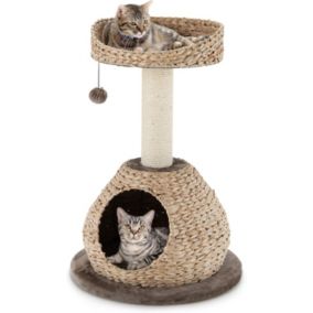 Arbre à Chat 72 CM en Tige de Massette 2 Niveaux avec Plateforme Niche Poteaux en Sisal Coussin Souple Boule Marron et Beige