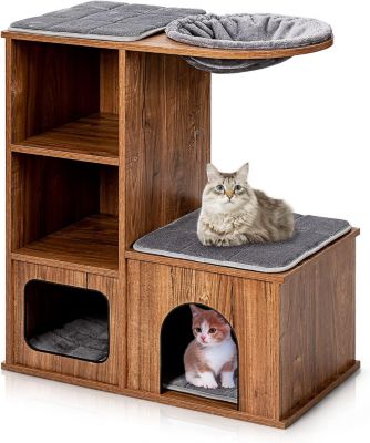 Arbre à Chat 81 CM en Bois 3 étages avec Niches Plateformes et Tapis à Griffoir Coussin Amovible Charge 20 KG