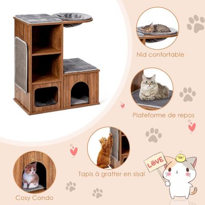 Arbre à Chat 81 CM en Bois 3 étages avec Niches Plateformes et Tapis à Griffoir Coussin Amovible Charge 20 KG