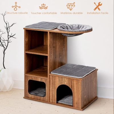 Arbre à Chat 81 CM en Bois 3 étages avec Niches Plateformes et Tapis à Griffoir Coussin Amovible Charge 20 KG
