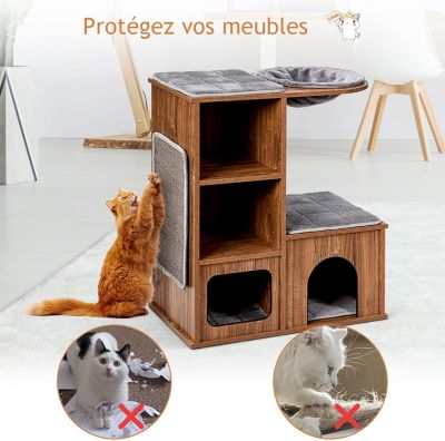 Arbre à Chat 81 CM en Bois 3 étages avec Niches Plateformes et Tapis à Griffoir Coussin Amovible Charge 20 KG