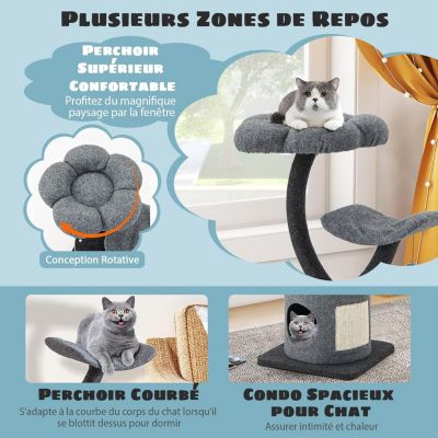 Arbre à Chat 88cm à 3 Niveaux Planche à Gratter en Sisal en Forme de Fleur Condo Privé Balle Suspendu