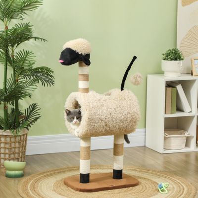 Arbre à chat 98 cm marron style mouton avec tunnel, poteaux à griffer et balle