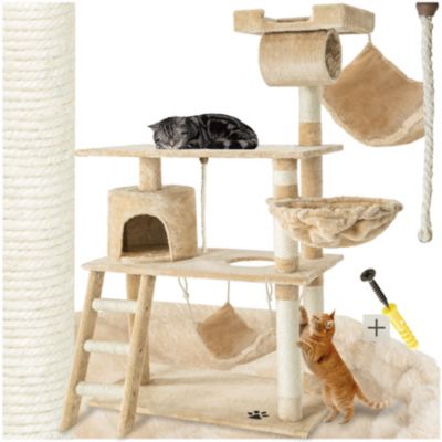 Arbre à chat beige multifonction 141 cm sisal peluche polyester nombreuses cachettes
