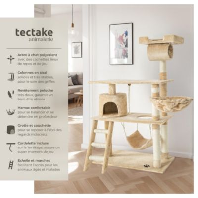 Arbre à chat beige multifonction 141 cm sisal peluche polyester nombreuses cachettes