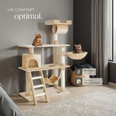 Arbre à chat beige multifonction 141 cm sisal peluche polyester nombreuses cachettes