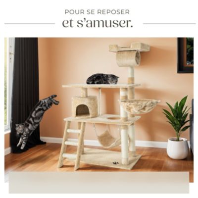 Arbre à chat beige multifonction 141 cm sisal peluche polyester nombreuses cachettes