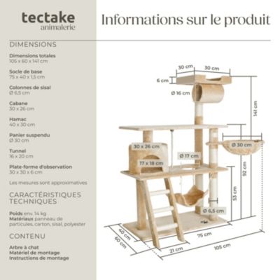 Arbre à chat beige multifonction 141 cm sisal peluche polyester nombreuses cachettes
