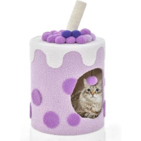 Arbre à Chat Boba Tea Cup 67cm,Griffoir, Balle Suspendue, Maison de Luxe pour Chat avec Coussin Doux, Violet et Blanc