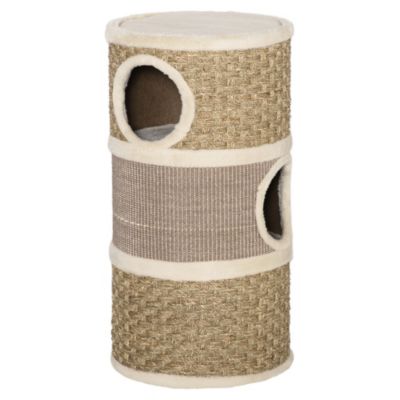 Arbre à chat cylindrique - tour à griffer pour chat - 3 niches + plateforme - sisal corde d'algues beige
