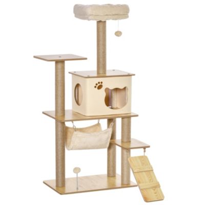 Arbre à chat design effet bois naturel H.130cm nombreux équipements jouets