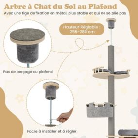 Arbre à Chat du Sol au Plafond en Bois Hauteur Réglable avec Griffoirs Condo Panier Hamac