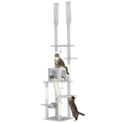 Arbre à chat du sol au plafond XXL H.225-255 cm griffoir sisal 6 niveaux niche hamac plateformes échelle 2 pompons gris clair