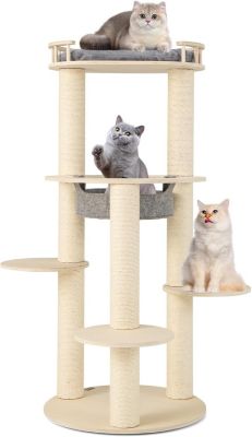 Arbre à Chat en Bois avec Perchoir Supérieur Rembourré Hamac 3 Plateformes Griffoirs en Sisal