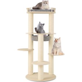 Arbre à Chat en Bois avec Perchoir Supérieur Rembourré Hamac 3 Plateformes Griffoirs en Sisal