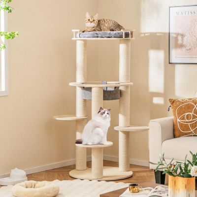 Arbre à Chat en Bois avec Perchoir Supérieur Rembourré Hamac 3 Plateformes Griffoirs en Sisal
