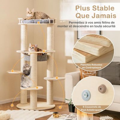 Arbre à Chat en Bois avec Perchoir Supérieur Rembourré Hamac 3 Plateformes Griffoirs en Sisal