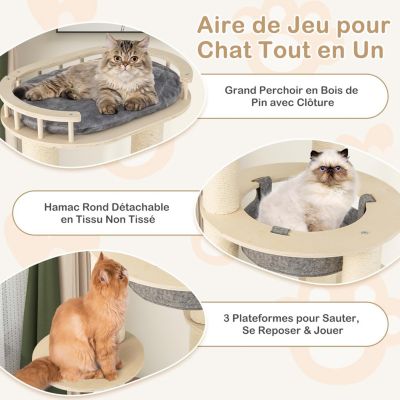 Arbre à Chat en Bois avec Perchoir Supérieur Rembourré Hamac 3 Plateformes Griffoirs en Sisal