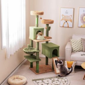 Arbre à Chat en Forme de Cactus Vert 152cm Arbre Chat avec 2 Perchoirs 2 Condos Hamac 2 Balles Poteaux à Gratter en Sisal