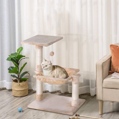 Arbre à chat en peluche beige avec hamac et poteaux en sisal