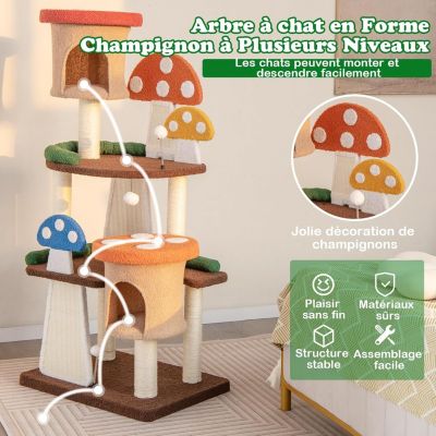 Arbre à Chat, Forme Champignon, avec Poteau en Sisal Enveloppant, Planche à Griffer, Balle à Ressort, Condo, Plateform,146cm