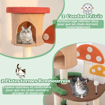 Arbre à Chat, Forme Champignon, avec Poteau en Sisal Enveloppant, Planche à Griffer, Balle à Ressort, Condo, Plateform,146cm