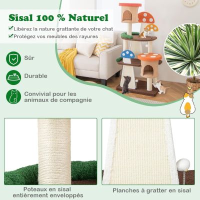 Arbre à Chat, Forme Champignon, avec Poteau en Sisal Enveloppant, Planche à Griffer, Balle à Ressort, Condo, Plateform,146cm