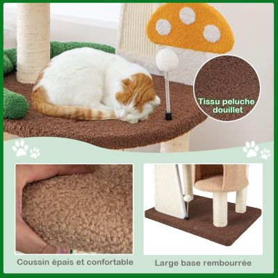 Arbre à Chat, Forme Champignon, avec Poteau en Sisal Enveloppant, Planche à Griffer, Balle à Ressort, Condo, Plateform,146cm