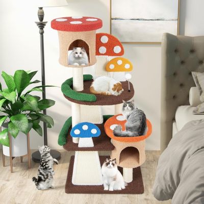 Arbre à Chat, Forme Champignon, avec Poteau en Sisal Enveloppant, Planche à Griffer, Balle à Ressort, Condo, Plateform,146cm