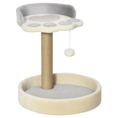 Arbre à chat griffoir design patte de chat jeu boule suspendue panier plateforme observation peluche beige gris jute naturelle