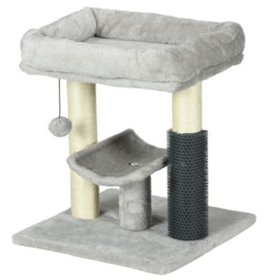Arbre à chat griffoirs sisal naturel et massant plateforme panier jeu boule suspendue peluche gris