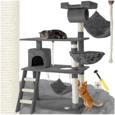 Arbre à chat gris multi niveaux 105x60x141cm en panneaux d'aggloméré sisal peluche tissu polyester