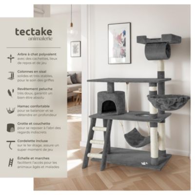 Arbre à chat gris multi niveaux 105x60x141cm en panneaux d'aggloméré sisal peluche tissu polyester