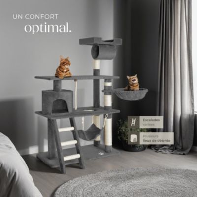 Arbre à chat gris multi niveaux 105x60x141cm en panneaux d'aggloméré sisal peluche tissu polyester