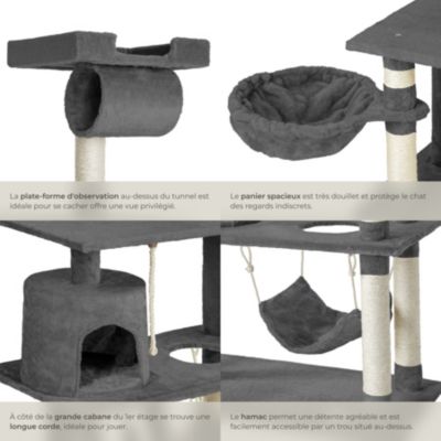 Arbre à chat gris multi niveaux 105x60x141cm en panneaux d'aggloméré sisal peluche tissu polyester