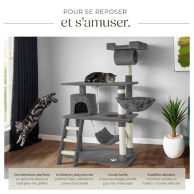Arbre à chat gris multi niveaux 105x60x141cm en panneaux d'aggloméré sisal peluche tissu polyester