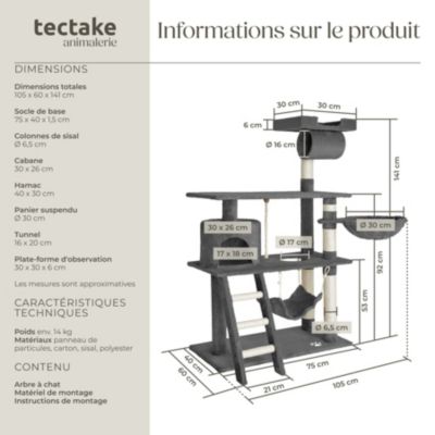 Arbre à chat gris multi niveaux 105x60x141cm en panneaux d'aggloméré sisal peluche tissu polyester