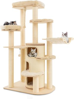 Arbre à Chat Multi Niveaux 173 cm Condo à 3 Étages Hamac Griffoirs en Sisal Boule et Corde Suspendue Beige