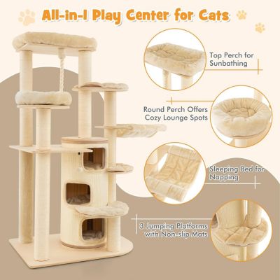 Arbre à Chat Multi Niveaux 173 cm Condo à 3 Étages Hamac Griffoirs en Sisal Boule et Corde Suspendue Beige