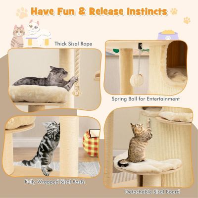 Arbre à Chat Multi Niveaux 173 cm Condo à 3 Étages Hamac Griffoirs en Sisal Boule et Corde Suspendue Beige