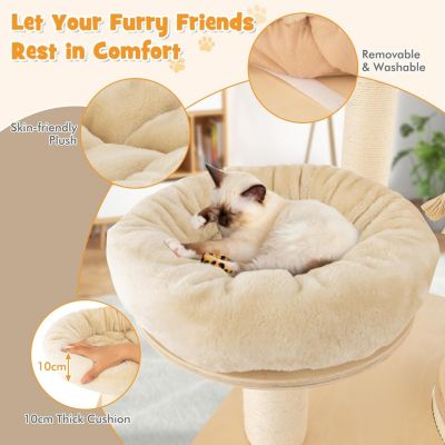 Arbre à Chat Multi Niveaux 173 cm Condo à 3 Étages Hamac Griffoirs en Sisal Boule et Corde Suspendue Beige