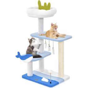 Arbre à Chat MultiNiveaux Style Océanne avec Grattoir en Sisal Boule 3 Jouets Suspendus Perchoir Supérieur 89cm