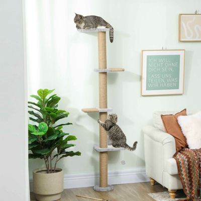 Arbre à chat mural 180 cm en polyester gris clair avec plateformes et jouet