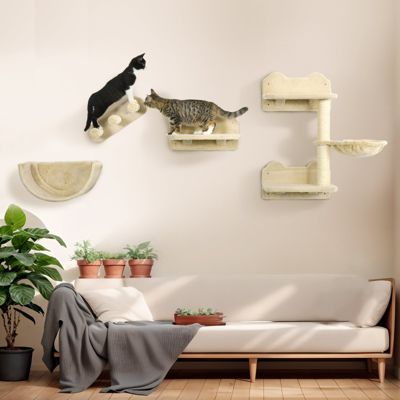 Arbre à chat mural en panneaux de particules beige avec griffoirs en sisal