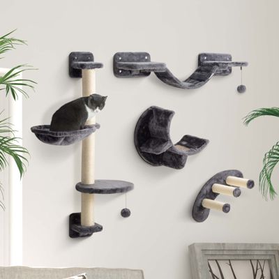 Arbre à chat mural en polyester gris foncé avec hamac et pont, 4 pièces