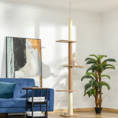 Arbre à chat PawHut 228 à 260 cm réglable en hauteur avec griffoirs jouets et plateformes couleur kaki