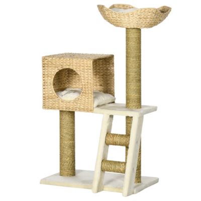 Arbre à chat style cosy chic griffoirs quenouille échelle niche panier 2 coussins inclus peluche courte haute densité crème beige