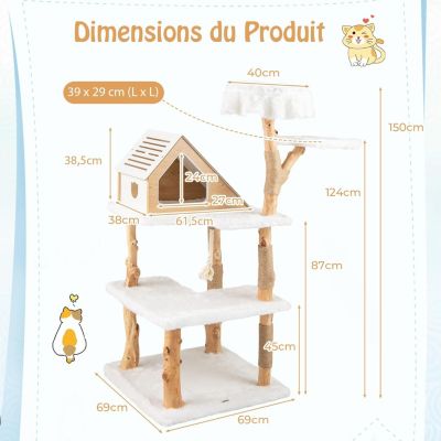 Arbre à Chat XXL 150cm Design Naturel Poteaux à Gratter en Jute et Corde en Sisal Condo Privé